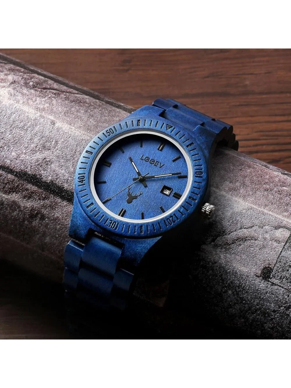 Men's Blue Sandalwood Japanese Quartz Analog Unisex Round Wrist Wooden Watch